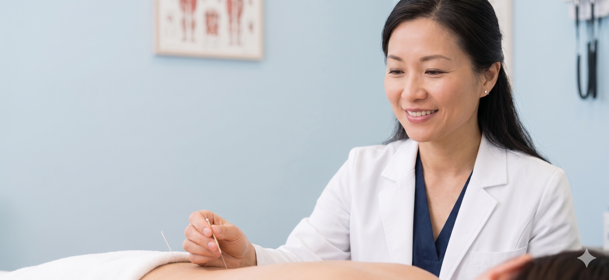 Professional female licensed acupuncturist treating a patient in a calm modern clinic setting